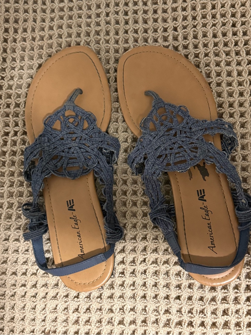 102. American Eagle Outfitters Navy Denim Braided Macramé Sandals Size 8.5 - Picture 2 of 6